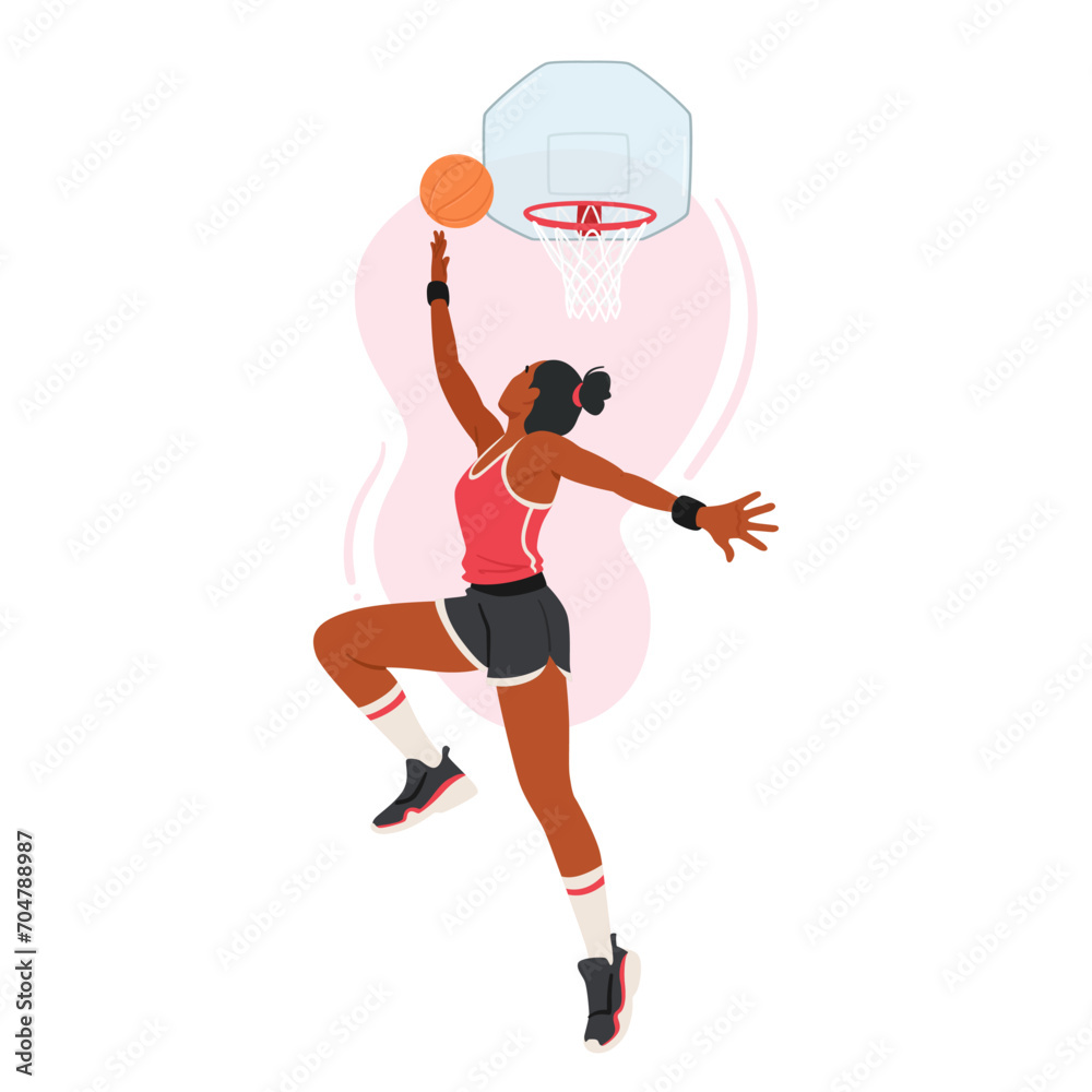 Fierce Female Basketball Player Character Soars Through The Air, Executing A Powerful Slam Dunk With Grace