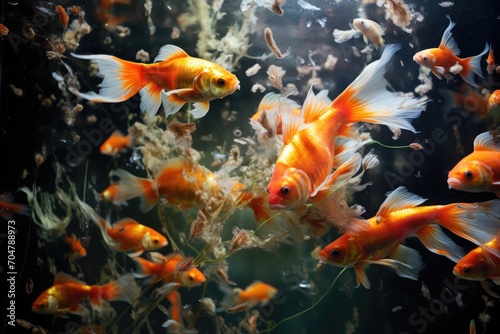 A captivating image showcasing a group of goldfish gracefully swimming in an aquarium., River pond decorative orange underwater fishes nishikigoi, AI Generated, AI Generated
