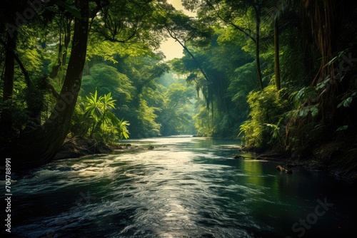 A peaceful river meandering through a lush  vibrant green forest  creating a tranquil and picturesque scene.  River in rainforest  AI Generated  AI Generated