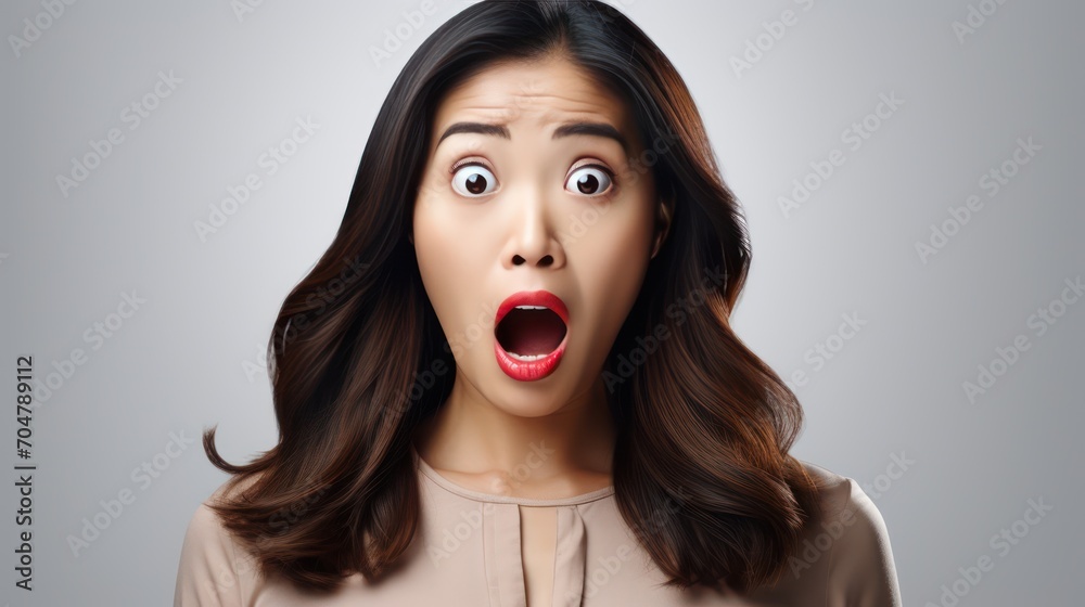 A Portrait of a beautiful Asian woman shocked on a white isolated transparent background. A Portrait of a beautiful Asian woman shocked on a white isolated transparent background.