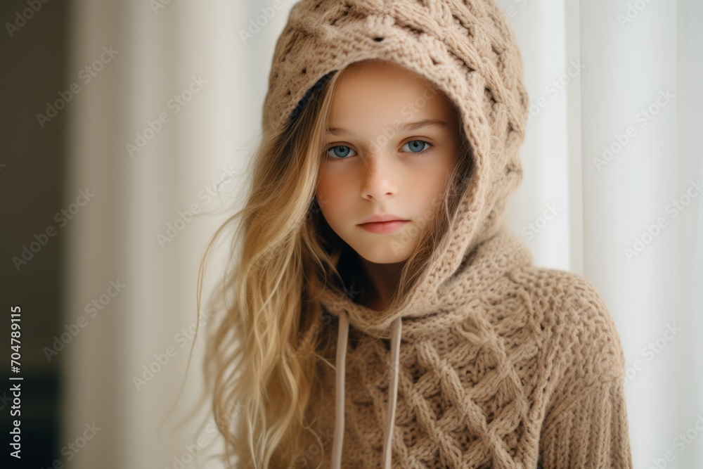 portrait of a beautiful little girl in a warm knitted hat