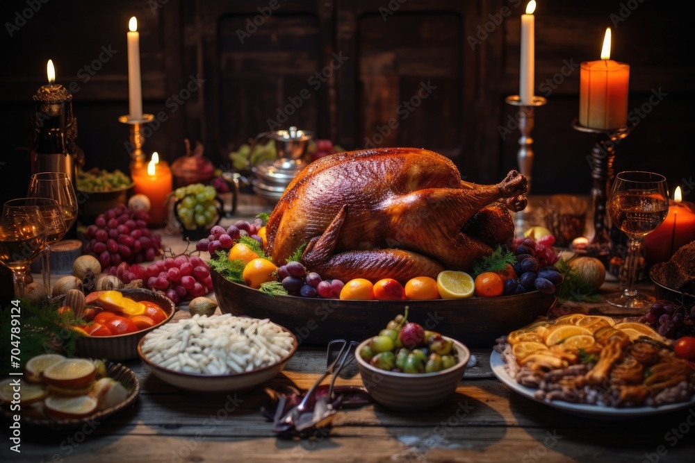 A mouthwatering image of a turkey sitting on a table with an assortment of other delectable dishes., Rustic Thankgiving Dinner, AI Generated, AI Generated A mouthwatering image of a turkey sitting on a table with an assortment of other delectable dishes., Rustic Thankgiving Dinner, AI Generated, AI Generated