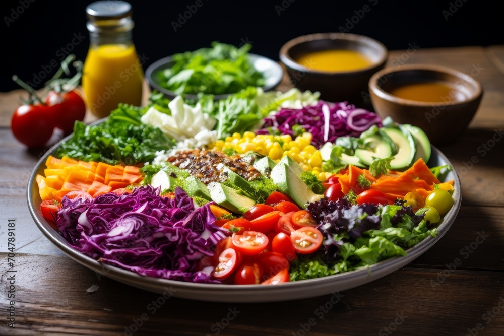 Photo of a balanced salad with colorful veggies and dressing. Generative AI