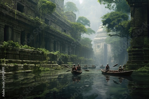 A serene painting capturing people on a boat as they glide along a calm river., Rowers emerging from concrete in a lost city, AI Generated, AI Generated
