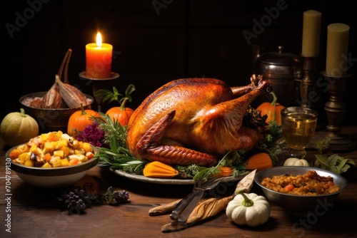 A turkey sits on a table, accompanied by a variety of delicious food., Rustic Thankgiving Dinner, AI Generated, AI Generated