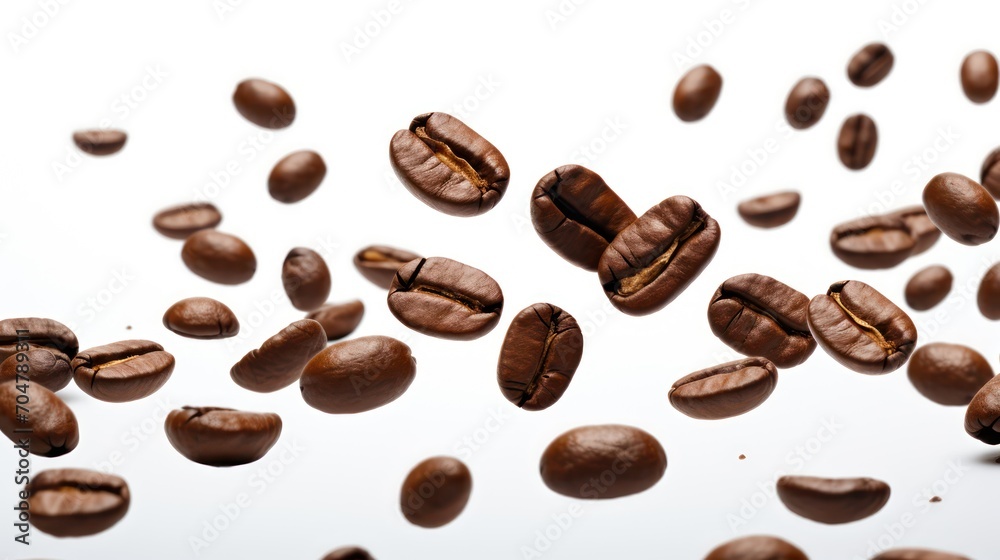 A Close-up view of coffee beans on a white isolated transparent background. A Close-up view of coffee beans on a white isolated transparent background.