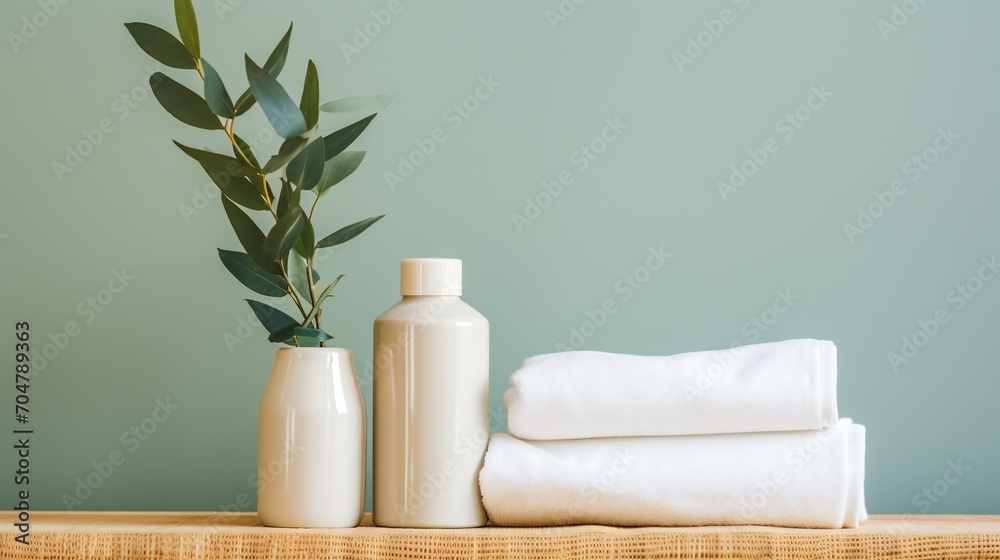 No plastic concept. Top view vertical photo of ceramic vase with eucalyptus white towel cream jar glass bottles with natural cosmetics on wicker stands on isolated pastel beige background