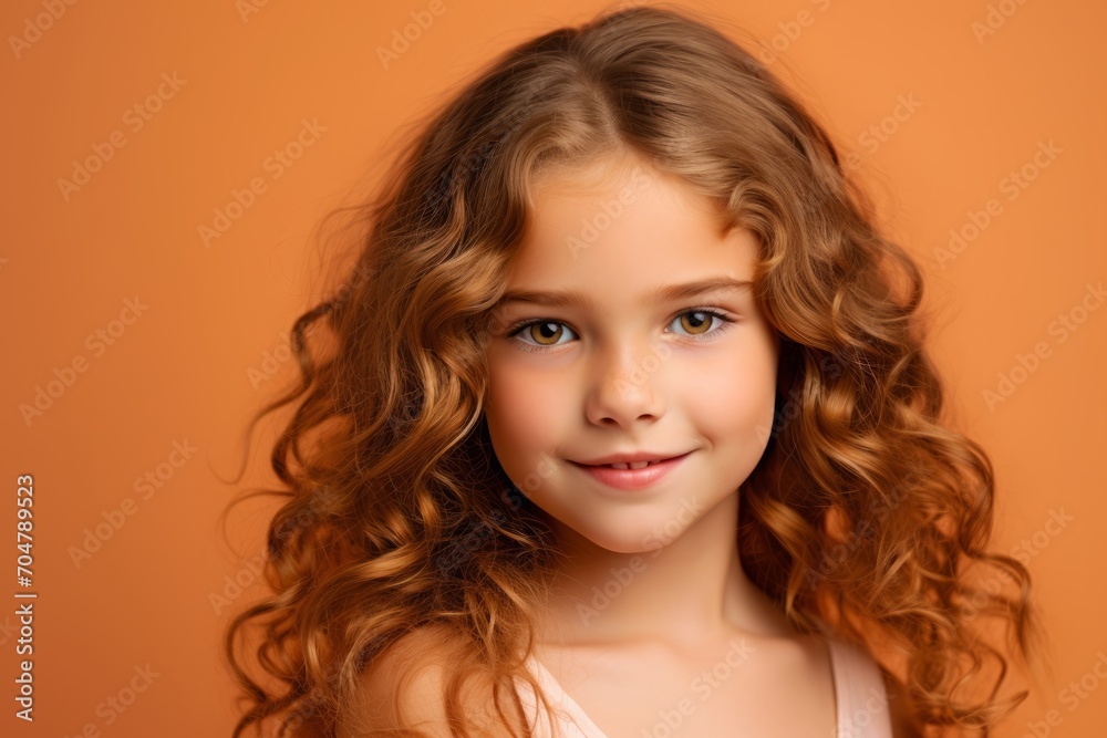 Cute little girl with long curly hair posing on orange background. Cute little girl with long curly hair posing on orange background.