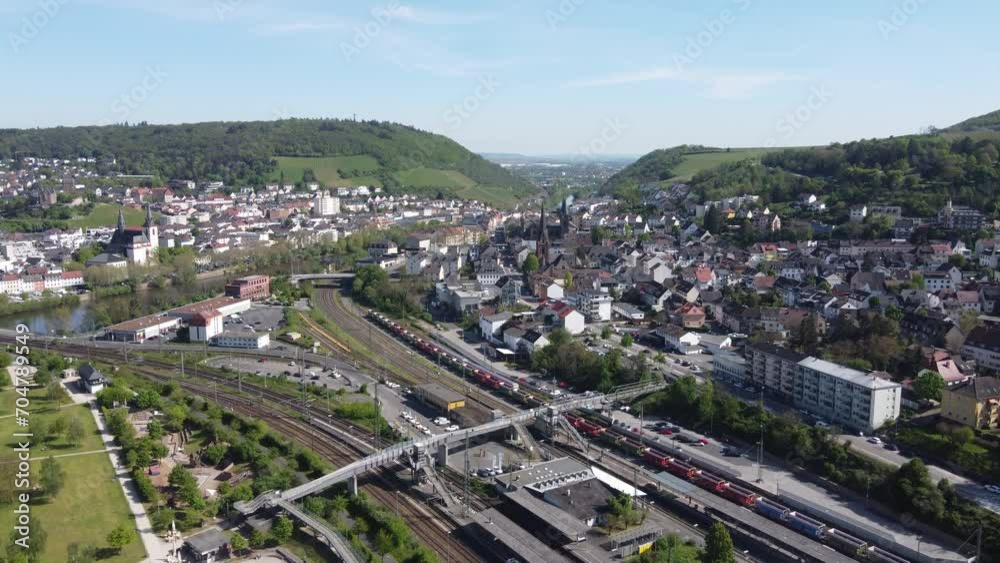 Footbridge over Railway tracks of Bingen train station in Germany, Aerial Footbridge over Railway tracks of Bingen train station in Germany, Aerial