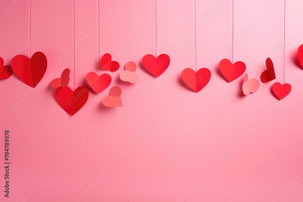 Pink Wall With Hanging Hearts, A Charming Display of Love and Affection, Red paper cut hearts hanging on a pink background, AI Generated, AI Generated Pink Wall With Hanging Hearts, A Charming Display of Love and Affection, Red paper cut hearts hanging on a pink background, AI Generated, AI Generated