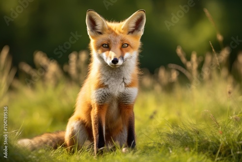 A vibrant red fox perched peacefully on top of a thriving green field, displaying natures harmony., Red fox, Vulpes vulpes, a solitary mammal in the grass, UK, AI Generated, AI Generated © Ifti Digital