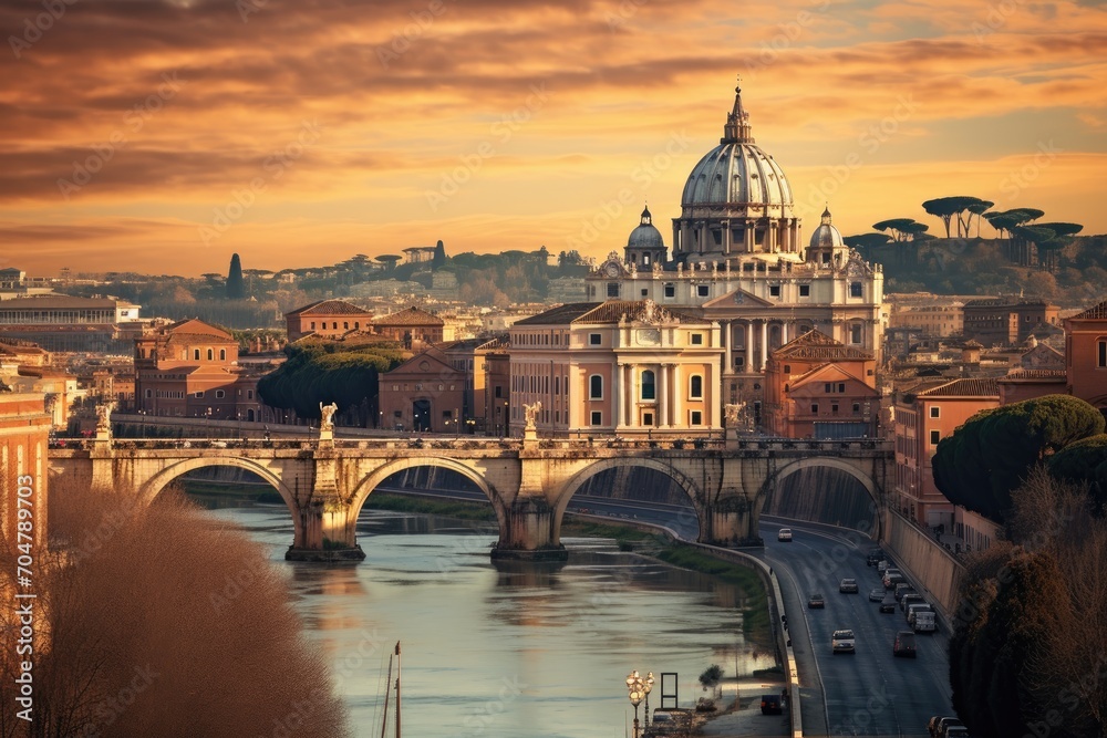Fototapeta premium A scenic view of a bridge stretching over a river, with a majestic building in the distance., Rome, Italy city view, AI Generated, AI Generated
