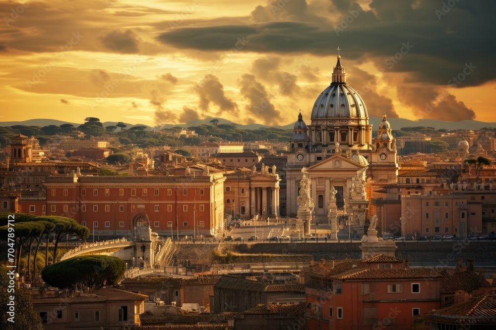 Immerse yourself in the breathtaking views of the city of Rome at sunset, capturing the essence of its historic charm and timeless beauty., Rome, Italy city view, AI Generated, AI Generated