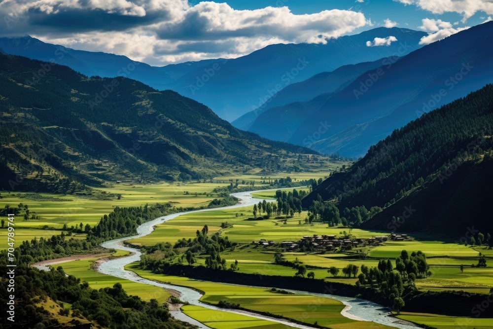 A serene river effortlessly meandering through a valley brimming with lush greenery., Scenic View of Paro Valley, Bhutan, AI Generated, AI Generated