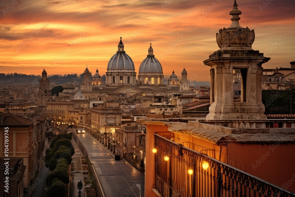 This breathtaking image captures the awe-inspiring sight of a city at sunset, as seen from a balcony., Rome, Italy city view, AI Generated, AI Generated