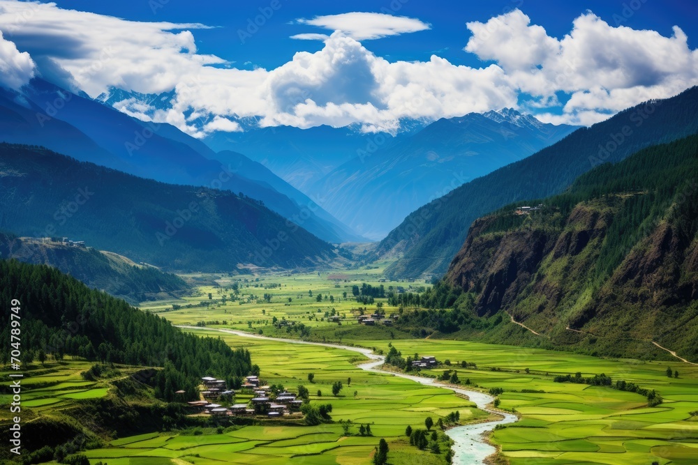 A breathtaking scene unfolds as a tranquil river meanders through a picturesque valley surrounded by majestic mountains., Scenic View of Paro Valley, Bhutan, AI Generated, AI Generated