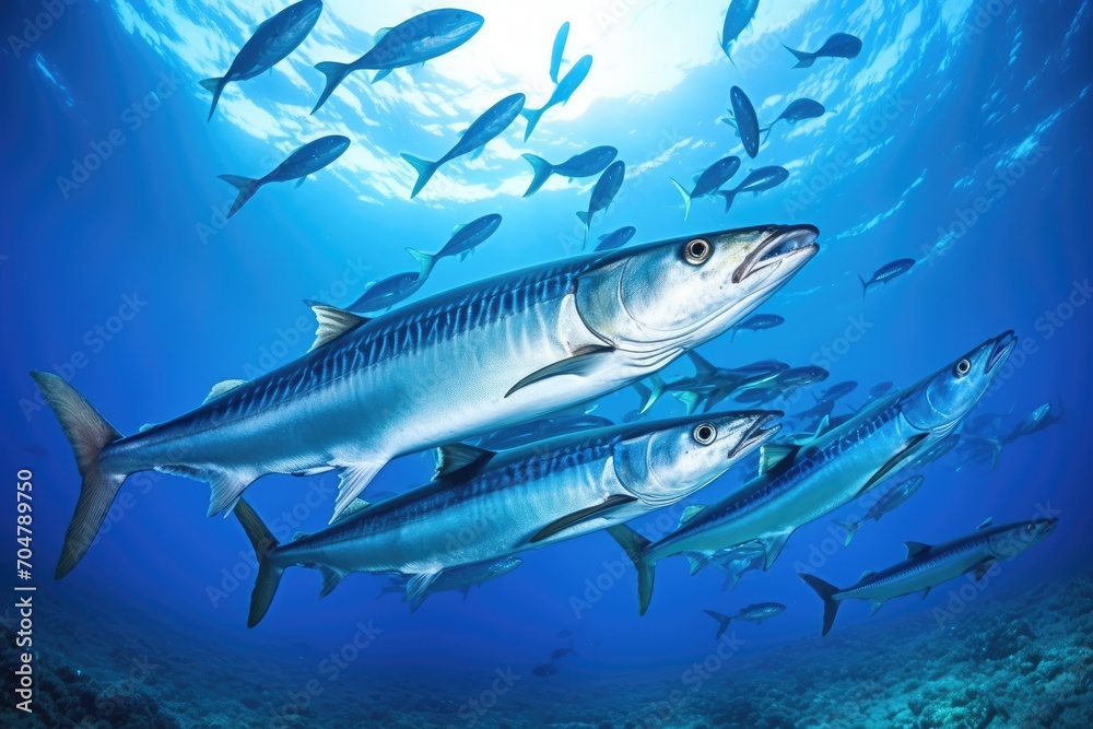 Obraz premium A multitude of fish gracefully swim together in the vast expanse of the ocean., School of Barracuda swimming in the Red Sea, Egypt, Africa, AI Generated, AI Generated