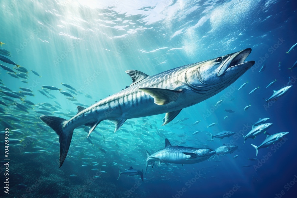 Naklejka premium A massive shark swims effortlessly through a swirling mass of fish, dominating the underwater scene., School of Barracuda swimming in the Red Sea, Egypt, Africa, AI Generated, AI Generated