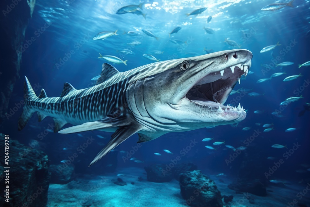 Large Shark With Its Mouth Open in the Water, A Fierce Predator in