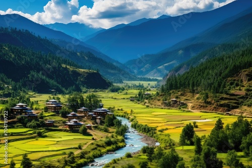 A stunning image capturing the tranquil elegance of a river as it winds through a rich, green valley., Scenic View of Paro Valley, Bhutan, AI Generated, AI Generated