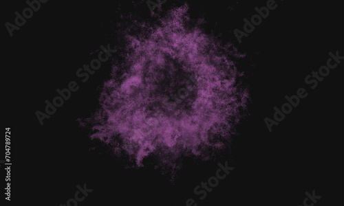 Purple powder explosion on black background. Colored powder cloud. Colorful dust explode. Paint Holi. Lavender Fog or smoke color isolated background for effect, text or copy space. 