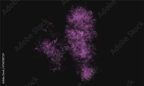 Purple powder explosion on black background. Colored powder cloud. Colorful dust explode. Paint Holi. Lavender Fog or smoke color isolated background for effect, text or copy space. 