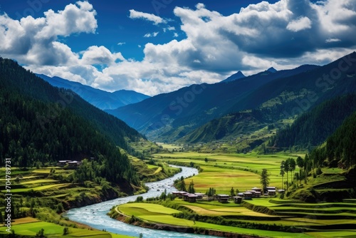 River Flowing Through Lush Green Valley  Serene Nature Landscape Picture  Scenic View of Paro Valley  Bhutan  AI Generated  AI Generated