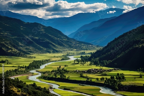 A serene river effortlessly meandering through a valley brimming with lush greenery.  Scenic View of Paro Valley  Bhutan  AI Generated  AI Generated