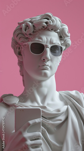 Greek statue wearing glasses on pink background Generative AI