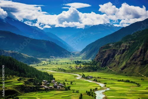 A breathtaking scene unfolds as a tranquil river meanders through a picturesque valley surrounded by majestic mountains., Scenic View of Paro Valley, Bhutan, AI Generated, AI Generated