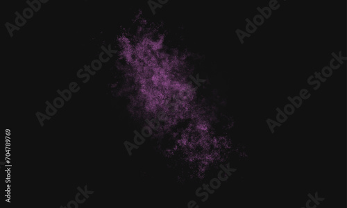 Purple powder explosion on black background. Colored powder cloud. Colorful dust explode. Paint Holi. Lavender Fog or smoke color isolated background for effect, text or copy space. 