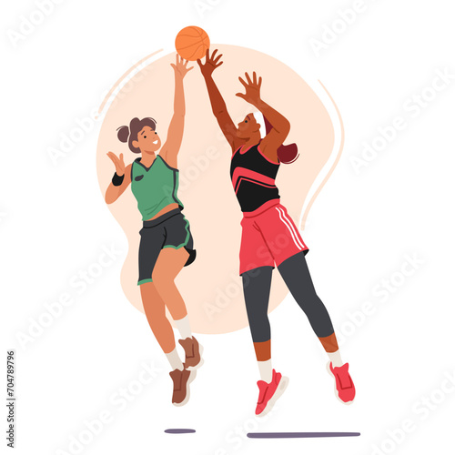 Two Fierce Basketball Player Girls Engage In A Spirited Struggle For The Ball, Showcasing Determination And Athleticism