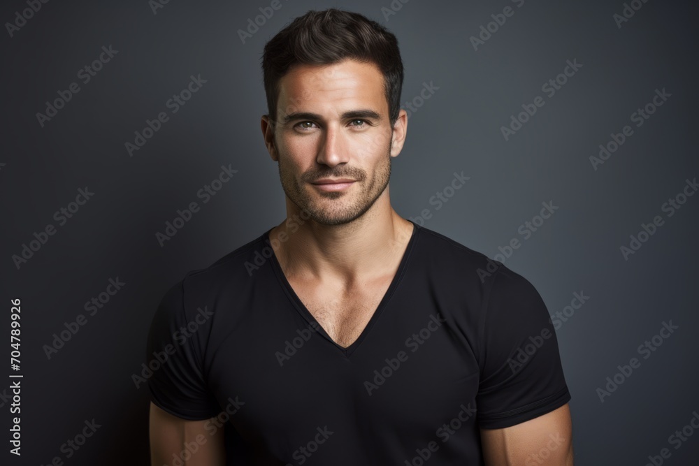 Portrait of handsome young man in black t-shirt, looking at camera.
