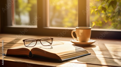 A Light colored books on a wooden table with a cup of coffee. reading glasses and a notebook and pen. Soft sunlight streams through the window. This creates a warm glow in the scene.
