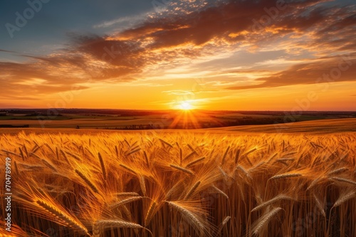 A picturesque field of wheat illuminated by the setting sun., Rural landscape with a wheat field at sunset, AI Generated, AI Generated