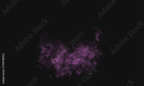 Purple powder explosion on black background. Colored powder cloud. Colorful dust explode. Paint Holi. Lavender Fog or smoke color isolated background for effect, text or copy space. 