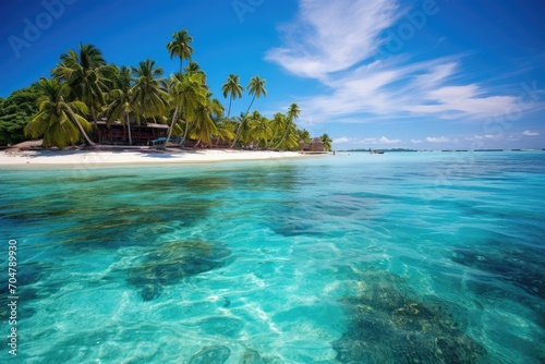 A captivating tropical island featuring lush palm trees and tranquil, crystal-clear blue water., San Andres & Providencia Islands Caribbean Colombia, AI Generated, AI Generated © Ifti Digital