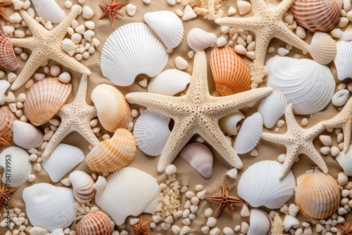 Sea Shells and Starfish on a Sandy Beach, Natural Treasures on the Coastline, Sandy beach with a collection of seashells and starfish as a natural textured background, AI Generated, AI Generated