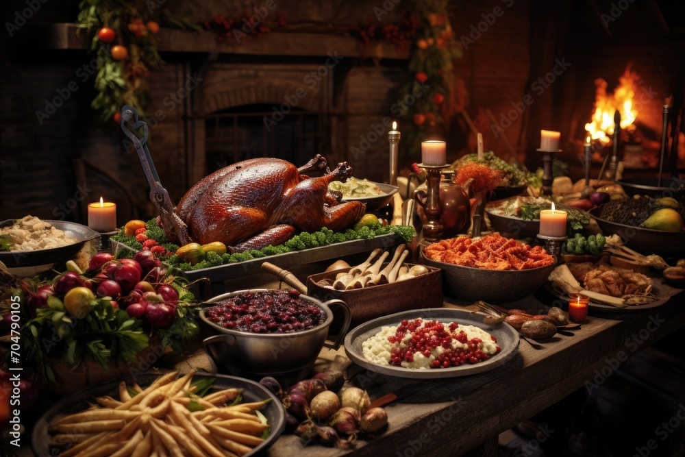 A richly set Thanksgiving table is abounding with delectable dishes, highlighted by a succulent roasted turkey., Rustic Thanksgiving Dinner, AI Generated, AI Generated