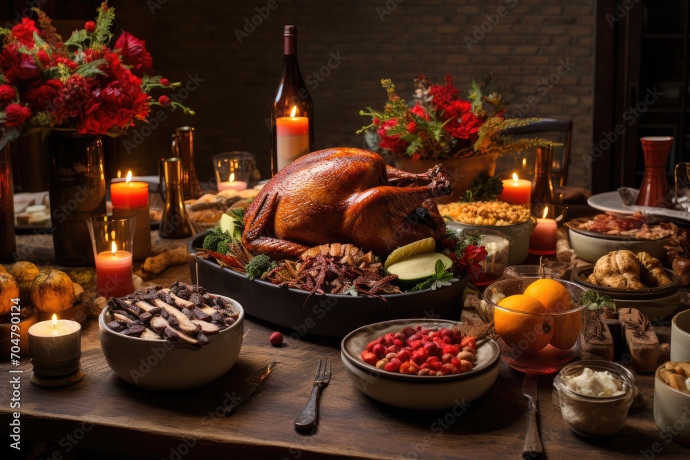 Fototapeta premium A beautifully arranged table filled with delectable food and softly glowing candles, creating a cozy and welcoming ambiance., Rustic Thanksgiving Dinner, AI Generated, AI Generated