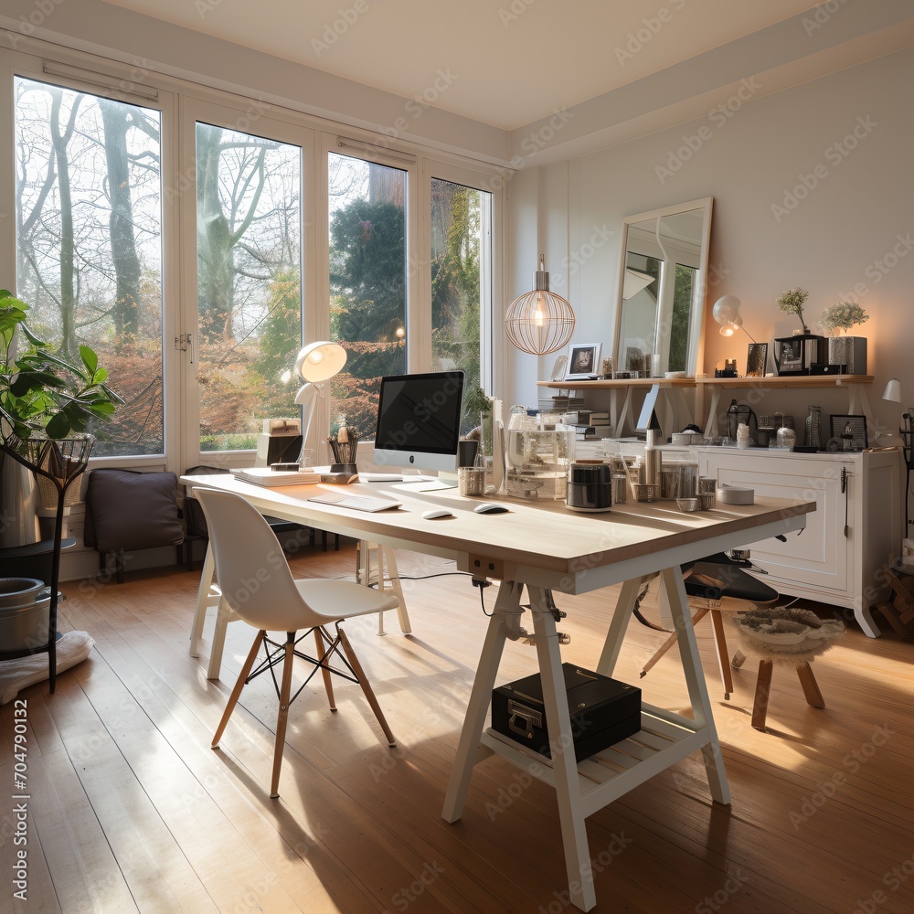 Home office with a large desk, a comfortable chair, and a beautiful view Home office with a large desk, a comfortable chair, and a beautiful view