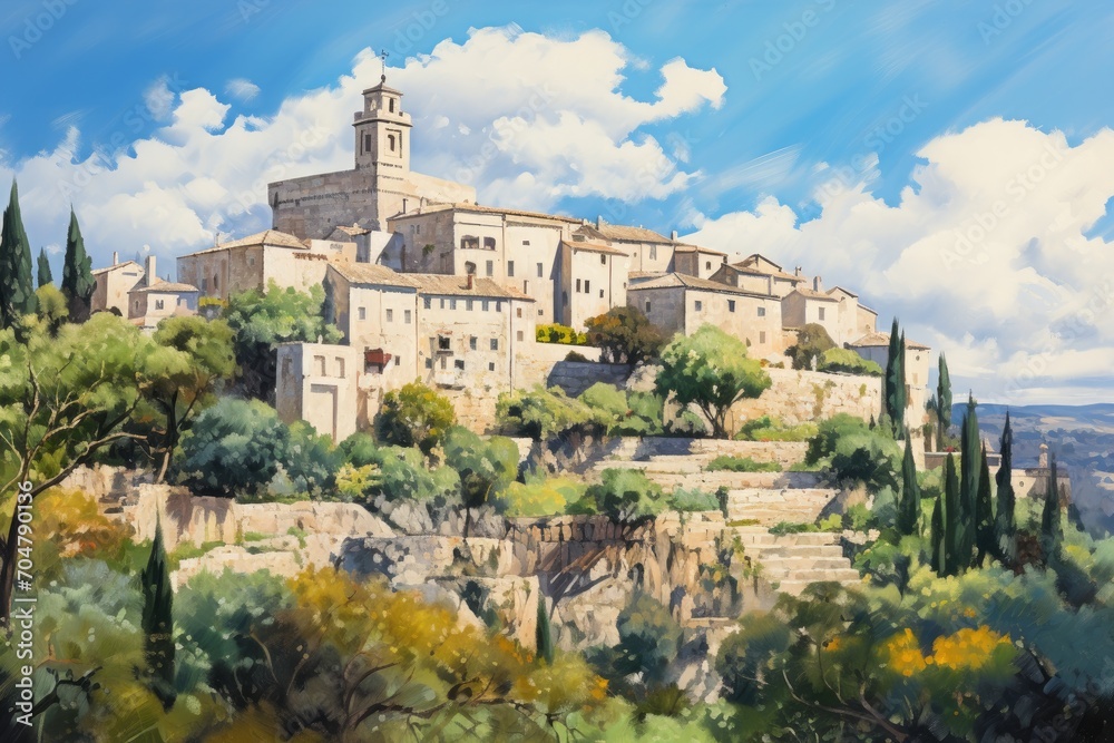 A captivating and scenic depiction of a quaint village sitting atop a picturesque hill., Saint-Paul de Vence, portrayed in the style of Paul CÃ©zanne, AI Generated, AI Generated