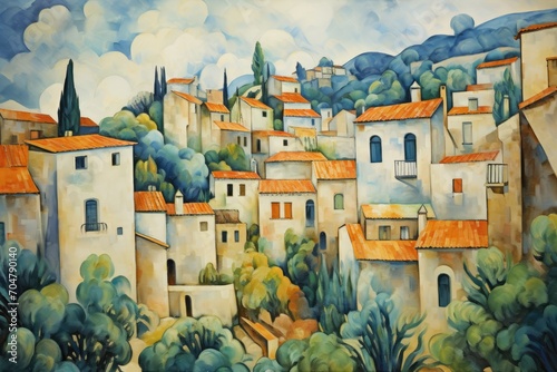 A depiction of a village featuring trees and buildings against a scenic backdrop., Saint-Paul de Vence, portrayed in the style of Paul CÃ©zanne, AI Generated, AI Generated photo