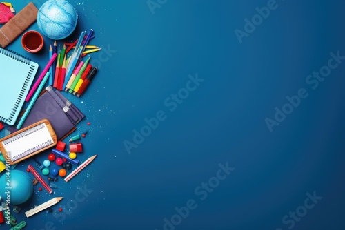 A vibrant blue background filled with various school supplies and sharpened pencils., School supplies on a blue background, Top view, Copy space, AI Generated, AI Generated