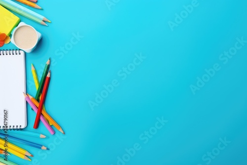 A notebook alongside colored pencils resting on a solid blue background., School supplies on a blue background, Top view, Copy space, AI Generated, AI Generated