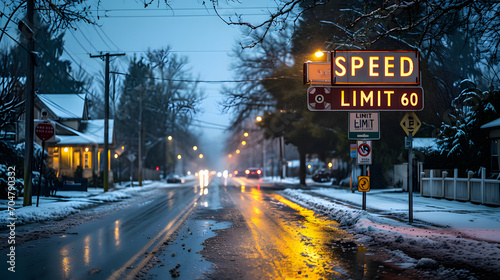 Winter evening on a suburban road with a speed limit sign, illuminated by street lights and car headlights, with snow-covered surroundings.
