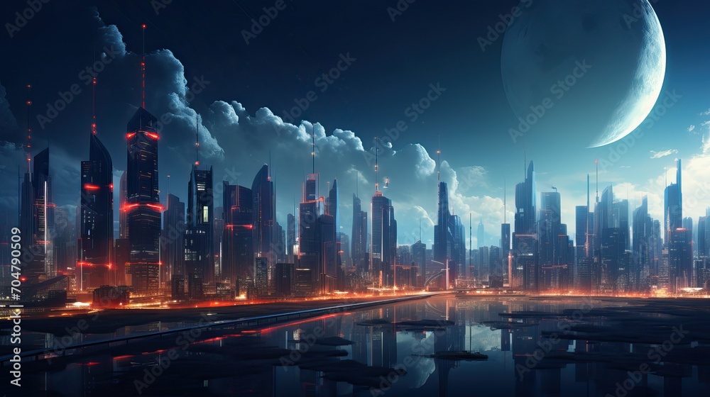 Futuristic city at night with full moon, 3d rendering, Concept for night life, Futuristic night city, Cityscape on a colorful background with bright and glowing neon lights