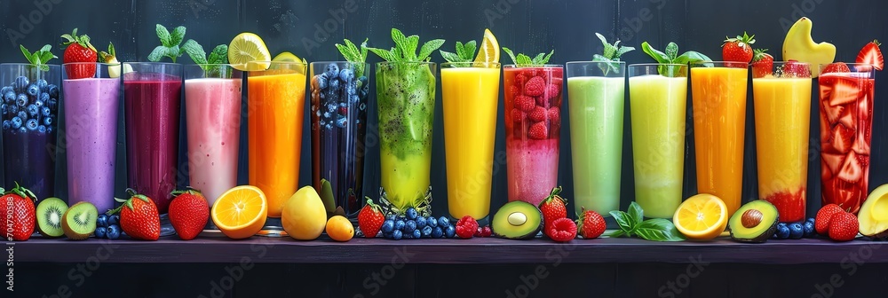 colorful smoothies arranged in columns on dark background colorful smoothies arranged in columns on dark background