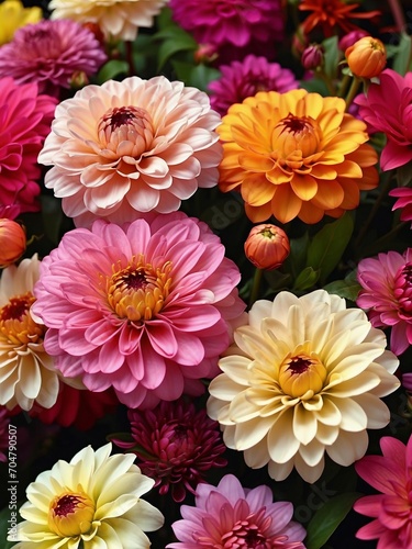 colorful zinnia and dahlia flowers in full bloom, displaying fragility and freshness