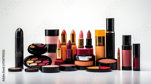 Set with different decorative cosmetics on white background. © Aina Tahir